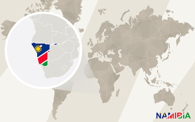 Powiększ mapę i flagę namibii. mapa świata.