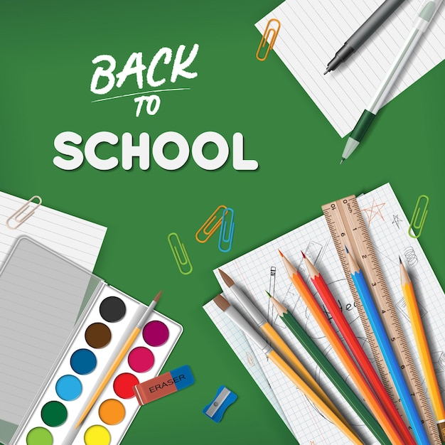 Bezpłatny wektor powrót do szkoły realistyczny skład składający się z długopisów, ołówków, farb akwarelowych, artykułów piśmiennych na ilustracji wektorowych zielone tło