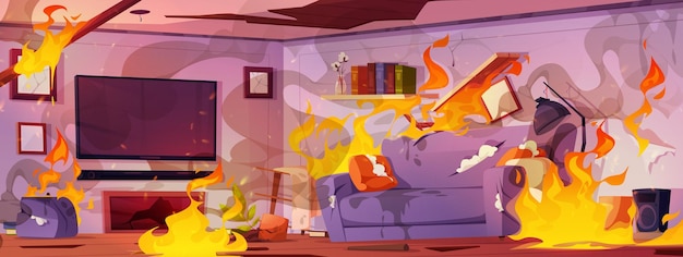 Bezpłatny wektor pożar w domowym salonie z płonącymi meblami
