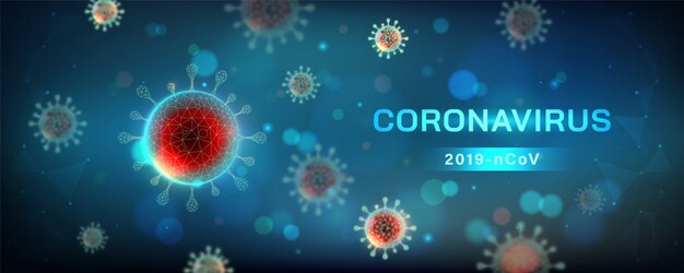 Pozioma ilustracja koronawirusa. Komórka wirusa w widoku mikroskopowym