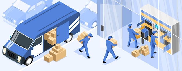 Bezpłatny wektor pozioma ilustracja terminalu pocztowego z pracownikami pocztowymi ładującymi paczki z ciężarówki dostawczej