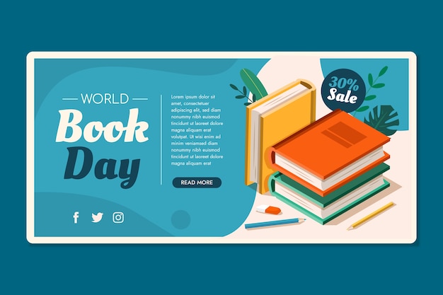 Bezpłatny wektor poziomy baner płaski światowy dzień książki