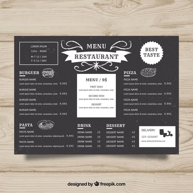 Poziomy szablon menu restauracji w stylu tablica