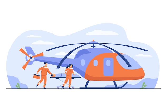 Pracownicy Medyczni Na Wózkach Jeżdżących Z Rannym Helikopterem W Celu Ewakuacji. Ilustracja Wektorowa W Nagłych Wypadkach, Transport Lotniczy Karetki, Koncepcja Helikoptera Ratunkowego