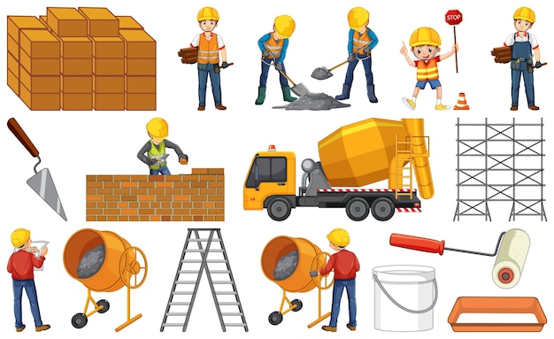 Bezpłatny wektor pracownik budowlany z człowiekiem i narzędziami