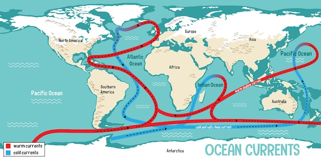 Bezpłatny wektor prądy oceaniczne na tle mapy świata