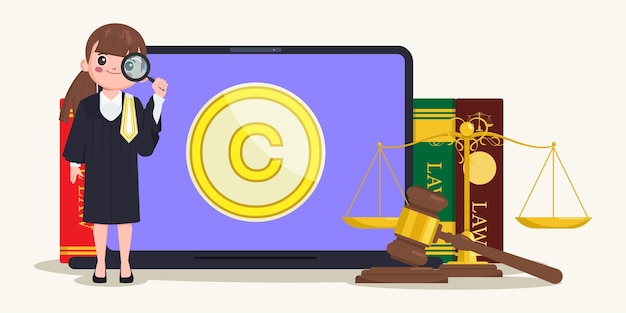 Prawo autorskie patentowe z młotkiem prawniczym i tłem książek prawniczych