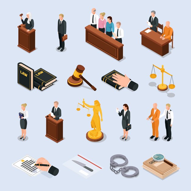 Prawo sprawiedliwości sądu charakterów akcesoriów isometric ikony ustawiać z skazanego sędziego adwokata ręką na biblii ilustraci