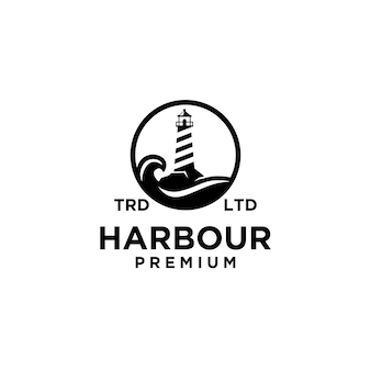 Premium harbor w okręgu z czarnym logo wektor oceanu