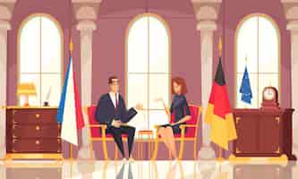 Bezpłatny wektor prezydencka rozmowa kawowa płaska kompozycja z negocjacjami wnętrza biura z flagami państwowymi zagranicznego przedstawiciela dyplomatycznego