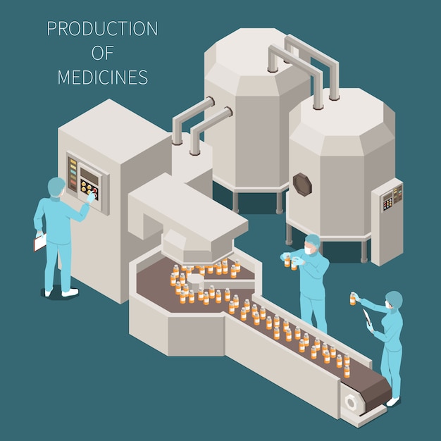 Bezpłatny wektor produkcja farmaceutyczna izometryczny kolorowy kompozycja z produkcji opisów leków i proces pracy na ilustracji laboratoryjnej