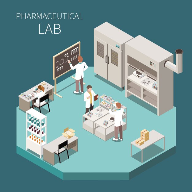 Produkcja farmaceutyczna izometryczny skład z nagłówkiem laboratorium farmaceutycznego i trzech naukowców w laboratorium ilustracji