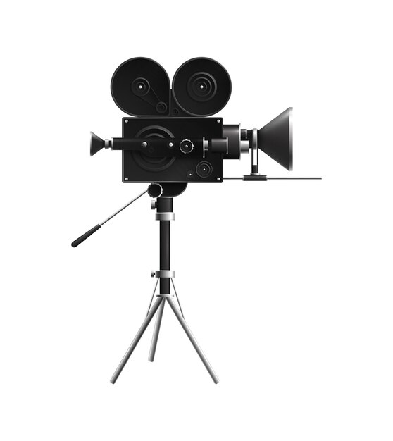 Produkcja filmów kinowych realistyczna przezroczysta kompozycja z izolowanym obrazem kamery filmowej na ilustracji wektorowych stojaka