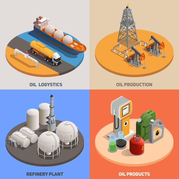 Produkcja ropy naftowej logistyki rafinerii rośliny 4 tła isometric kolorowe ikony obciosują przemysłu naftowego pojęcie