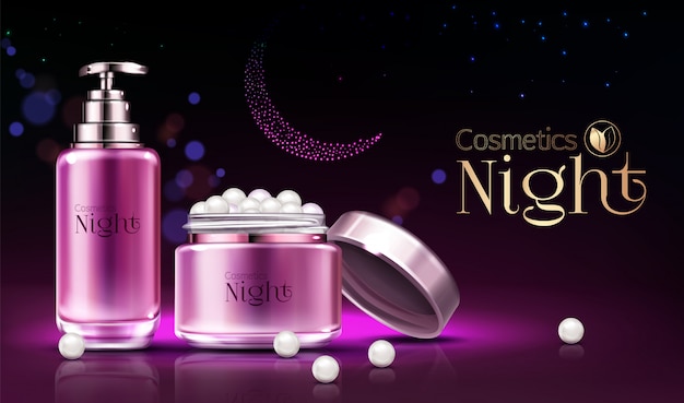 Produkty kosmetyki linii produktów do pielęgnacji skóry kobiet noc realistyczny baner reklamowy, plakat.