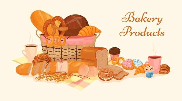 Produkty piekarnicze płaska kompozycja reklamowa ozdobnego tekstu i odosobniony widok kosza wypełnionego ilustracją wektorową ciasta