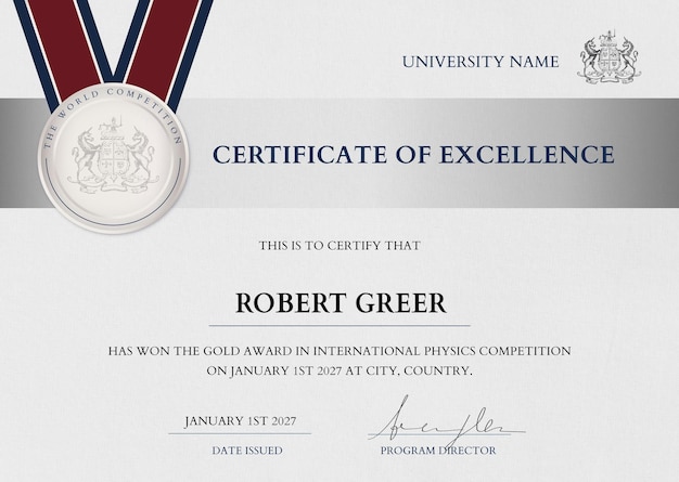 Profesjonalny szablon certyfikatu nagrody w srebrnym eleganckim designie