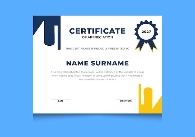 Profesjonalny szablon certyfikatu z prostą odznaką premium vector