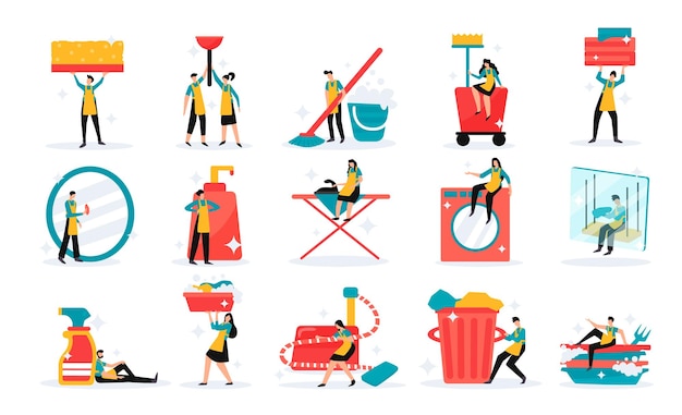 Bezpłatny wektor profesjonalny zespół usług sprzątania domu i przemysłowego narzędzia detergenty obowiązki płaskie śmieszne ikony zestaw ilustracji wektorowych na białym tle