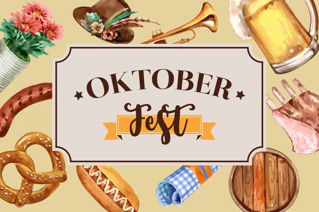 Projekt banera Oktoberfest z tyrolskim kapeluszem, piwem, kiełbasą i trąbką