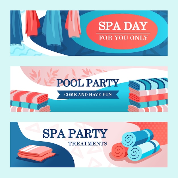 Projekt Banerów Spa Party Z Ręcznikami. Jasna, Nowoczesna Ulotka Ze Zwiniętymi I Ułożonymi W Stos Ręcznikami. Koncepcja Spa I Relaksu. Szablon Do Plakatu, Promocji Lub Projektowania Stron Internetowych