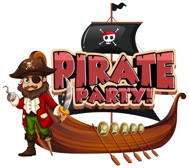 Projekt czcionki dla słowa pirat party z piratem i statek