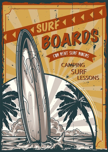 Projekt etykiety plakatu z ilustracją deski surfingowej stojącej na plaży z palmami i zachodem słońca