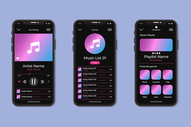 Bezpłatny wektor projekt interfejsu aplikacji odtwarzacza muzyki