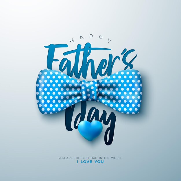 Projekt kartki z życzeniami na dzień ojca z muszką w kropki i niebieskim sercem na jasnym tle dla taty