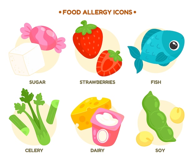 Bezpłatny wektor projekt kolekcji etykiet alergii pokarmowej