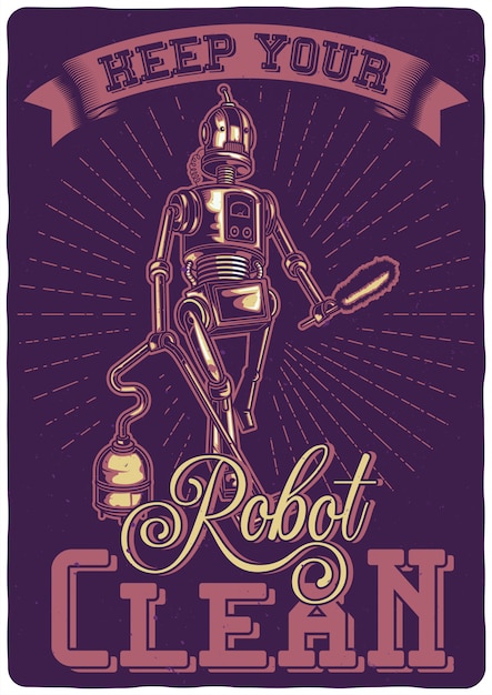 Bezpłatny wektor projekt koszulki lub plakatu z ilustracją robota z odkurzaczem.