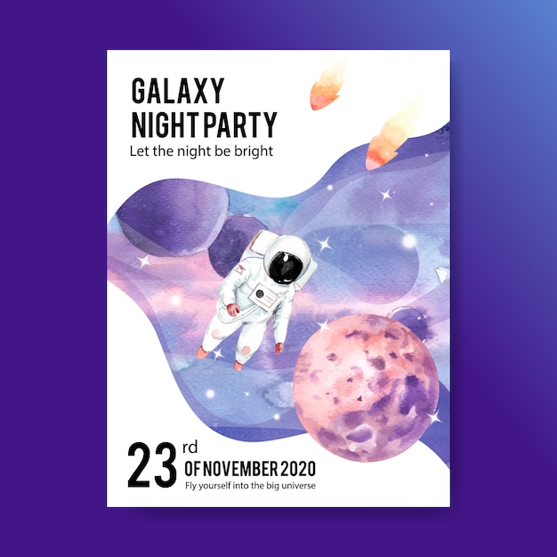 Projekt Plakatu Galaxy Z Astronautą, Planety, Asteroidy Akwarela Ilustracja.