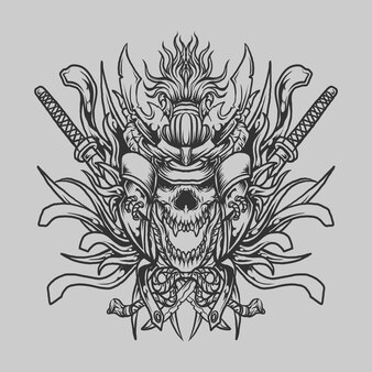 Projekt tatuażu i koszulki czarno-biały projekt diabeł samuraja
