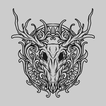 Projekt tatuażu i koszulki czarno-biały ręcznie rysowany ornament grawerujący czaszkę jelenia