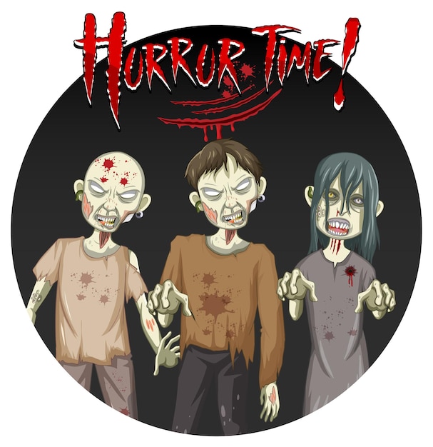 Bezpłatny wektor projekt tekstu horror time z trzema przerażającymi zombie