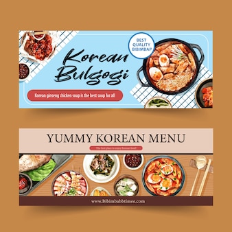 Projekt transparentu koreańskie jedzenie z ramen, ttoekbokki, przystawki akwarela ilustracja