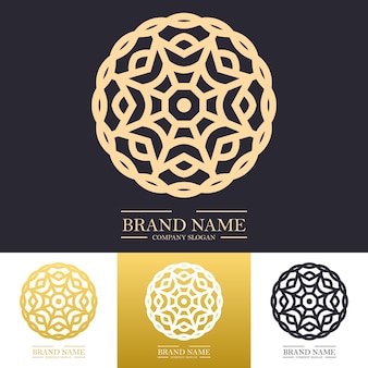 Proste luksusowe złote okrągłe kwiatowe wzory logo z liniową koncepcją mandali lub modnymi liniami