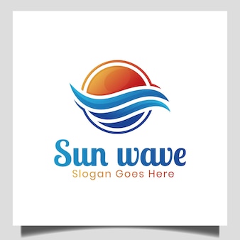 Proste Nowoczesne Logo Zachodu Słońca Izolowane Słońcem I Falą W Morzu, Oceanie, Plaży Dla Naturalnego Logo Biznesowego Premium Wektorów