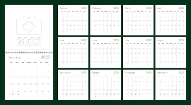 Prosty kalendarz ścienny 2022 rok z kropkowanymi liniami. kalendarz jest w języku angielskim, tydzień zaczyna się od niedzieli.