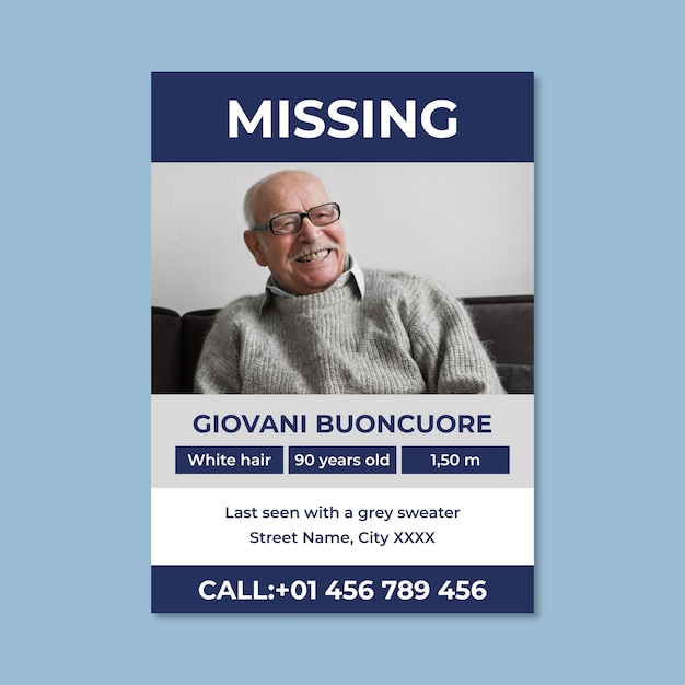 Bezpłatny wektor prosty plakat zaginionej starszej osoby