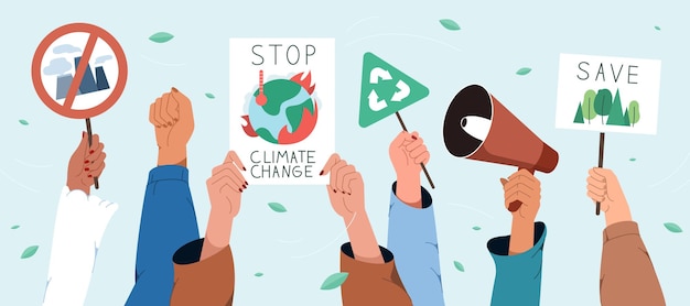 Bezpłatny wektor protest klimatyczny z płaskimi ludzkimi rękami z transparentami o ratowaniu planety
