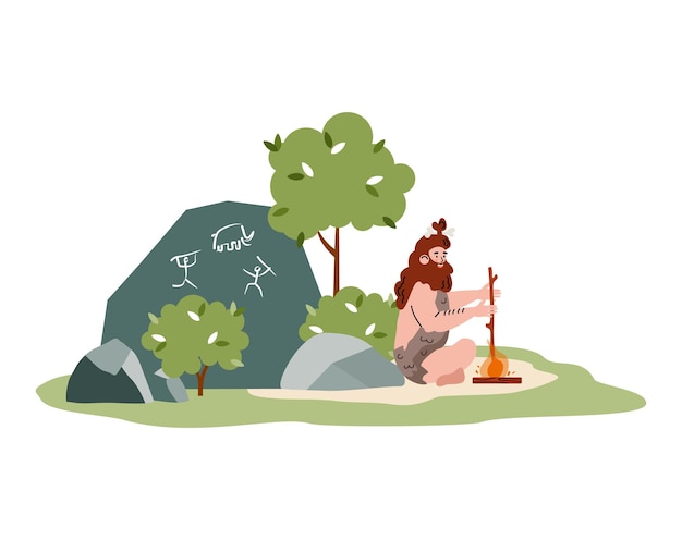 Prymitywny człowiek jaskiniowy z epoki kamienia siedzący w pobliżu ognia i skały z rysunkami artystycznymi