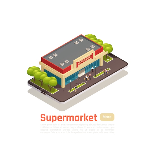 Bezpłatny wektor przechuje centrum handlowego centrum handlowego isometric sztandar z supermarketa budynkiem i zapina więcej wektorową ilustrację