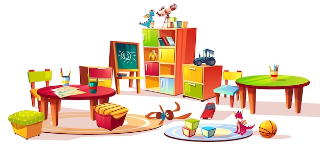 Przedszkole wnętrze meble ilustracja dzieci w wieku przedszkolnym szuflady dla zabawek