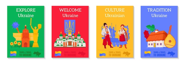 Przeglądaj Zestaw Płaskich Plakatów Ukrainy Przedstawiających Tradycje, Kulturę I Zabytki Na Białym Tle Ilustracji Wektorowych
