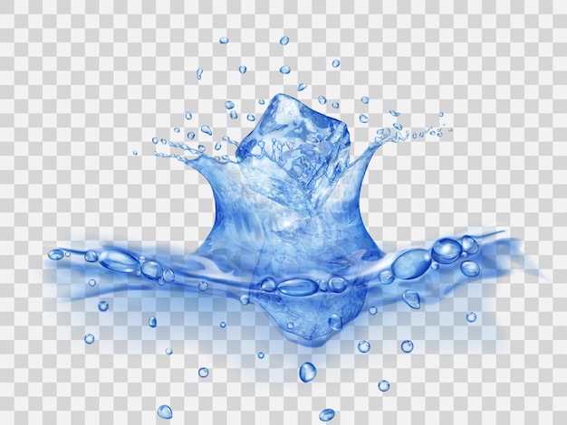 Przezroczysta tafla wody z koroną i kroplami spadających kostek lodu. splash w kolorach niebieskim, na przezroczystym tle. widok z boku. przezroczystość tylko w pliku wektorowym