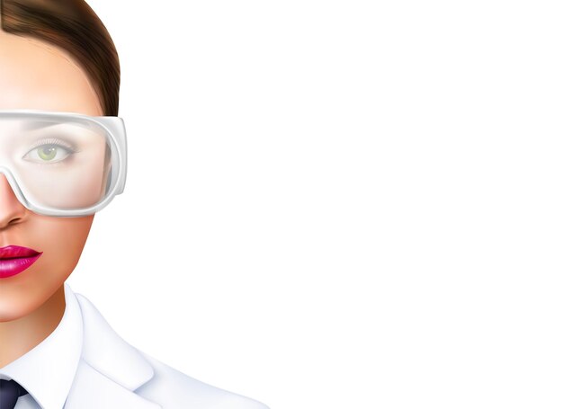 Przycięty portret lekarki w białym płaszczu i okularach po lewej stronie realistycznej ilustracji wektorowych na białym tle