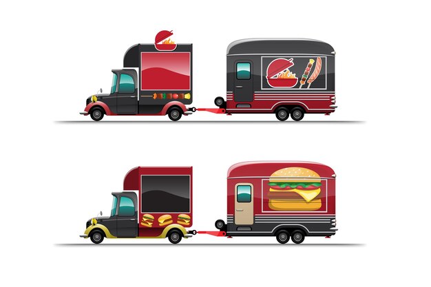 Przyczepa food truck z grilla i burgera na białym tle, ilustracja