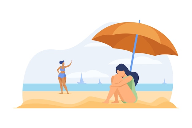 Przygnębiona kobieta na plaży. Smutna dziewczyna siedzi na piasku pod parasolem ilustracji wektorowych płaski. Duża depresja, wakacje, samotność