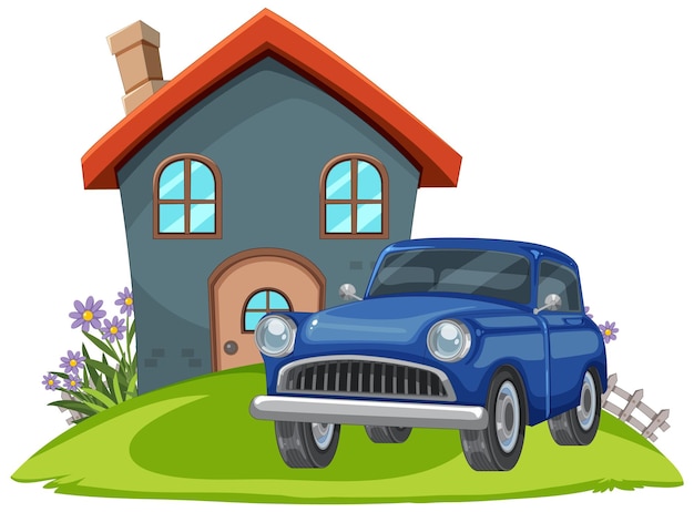 Bezpłatny wektor przyjemny dom z klasycznym niebieskim samochodem